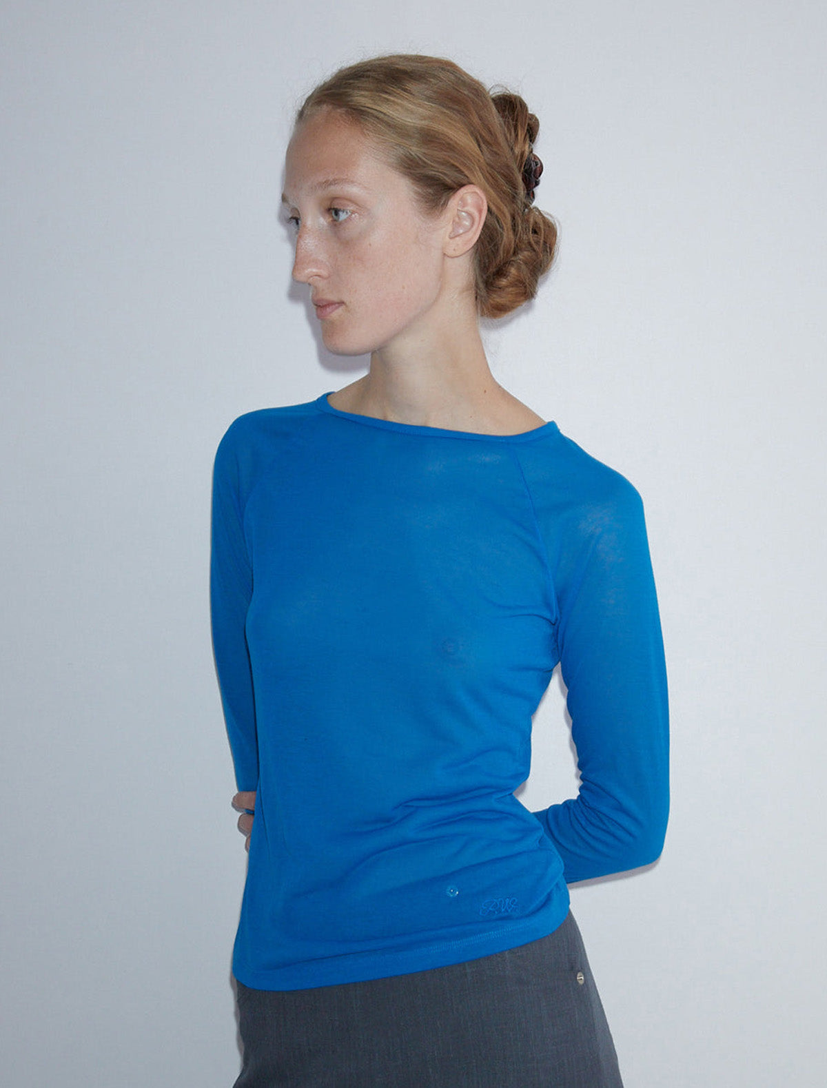 Hiro delicate sheer top embroidered hem intenseblue