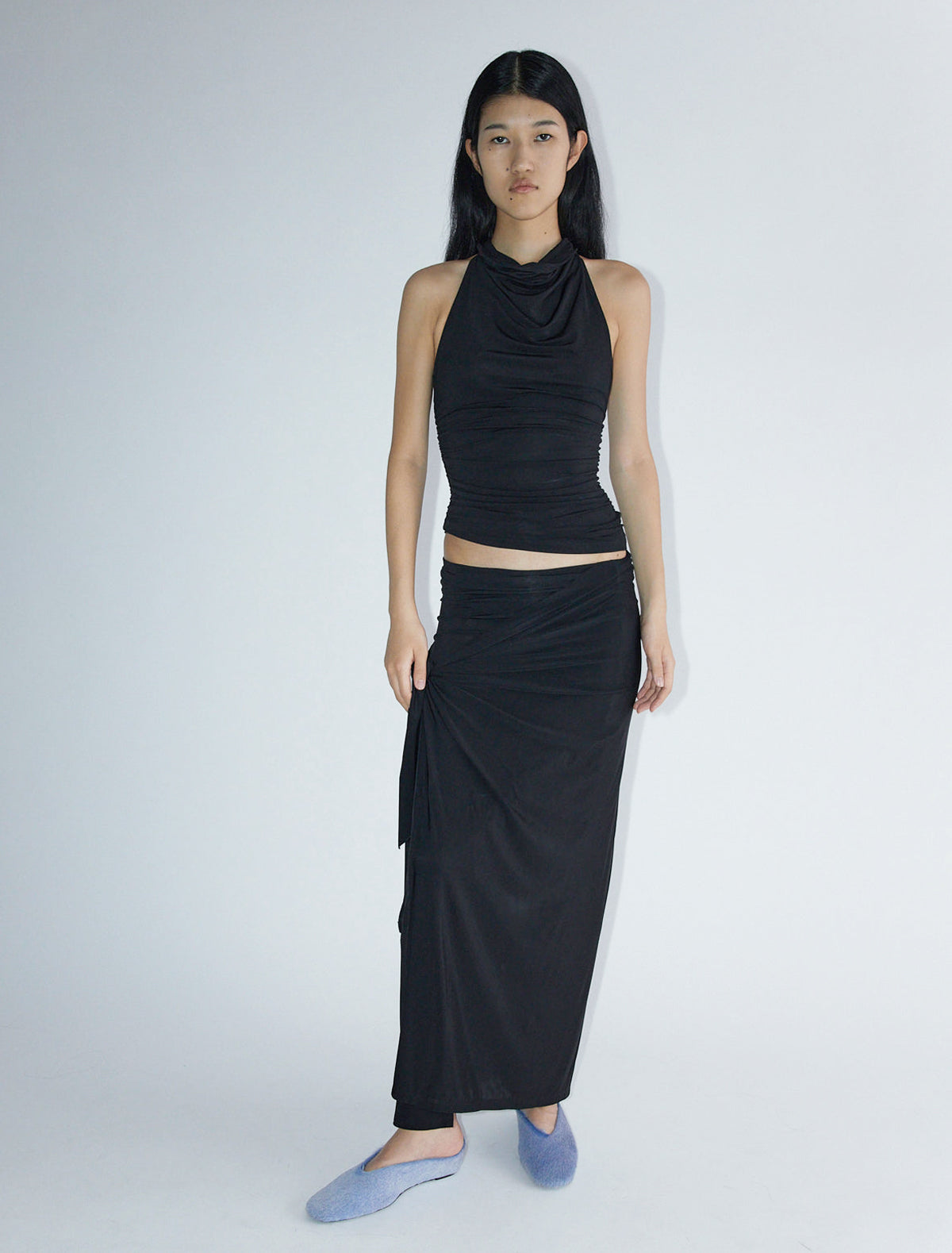 Fryda halter top open back gathered sides black