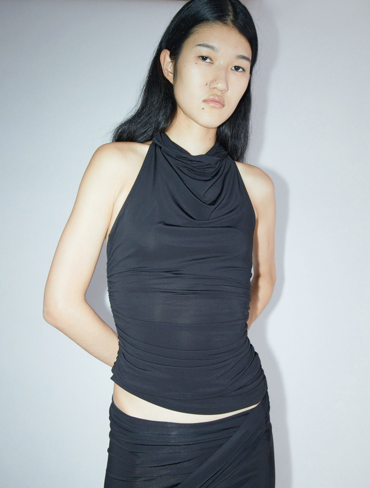 Fryda halter top open back gathered sides black