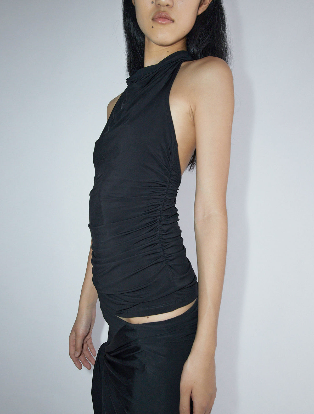 Fryda halter top open back gathered sides black