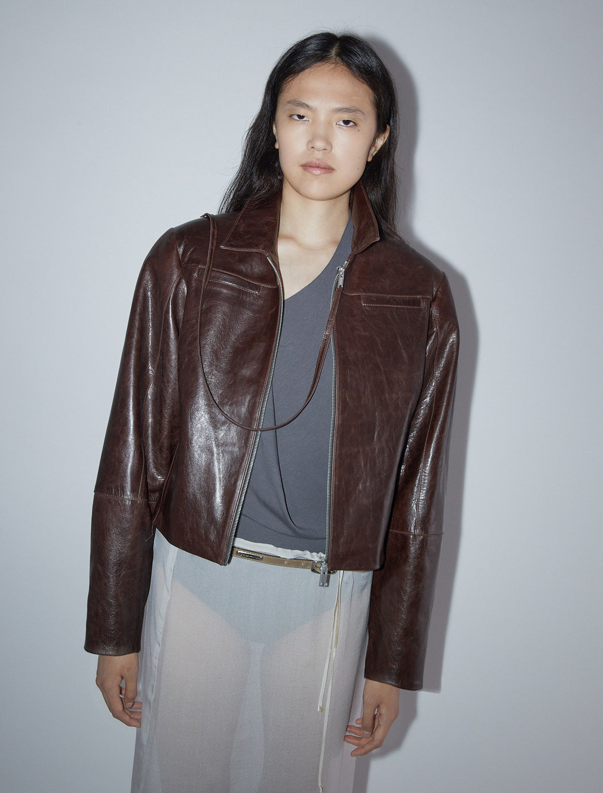 Banui fitted leather jacket zipper pockets brown