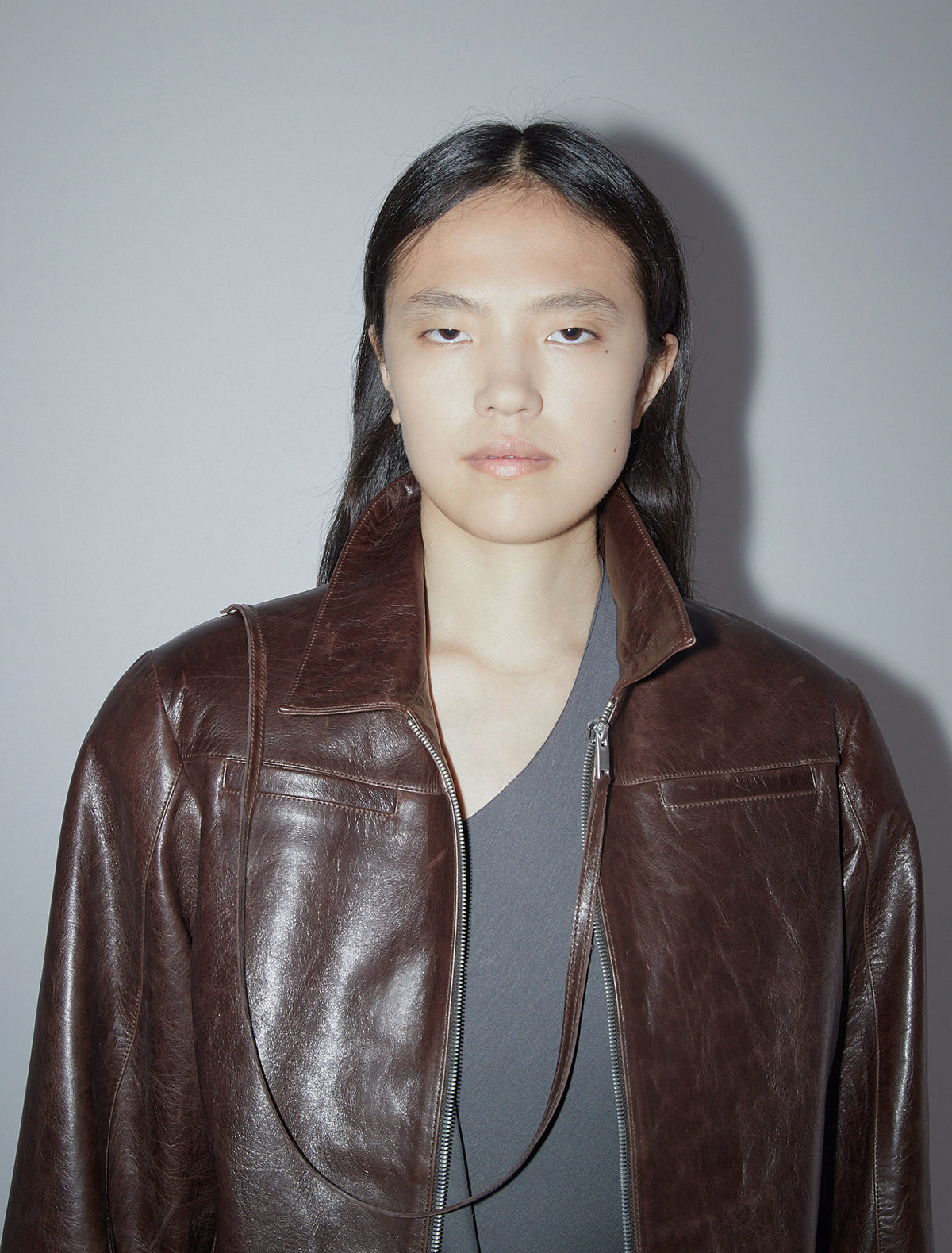 Banui fitted leather jacket zipper pockets brown