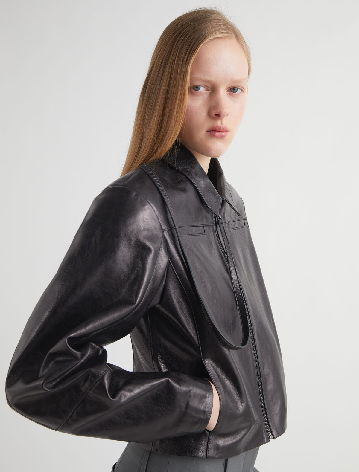 BANUI-Black leather jacket with double-slider zipper and chest