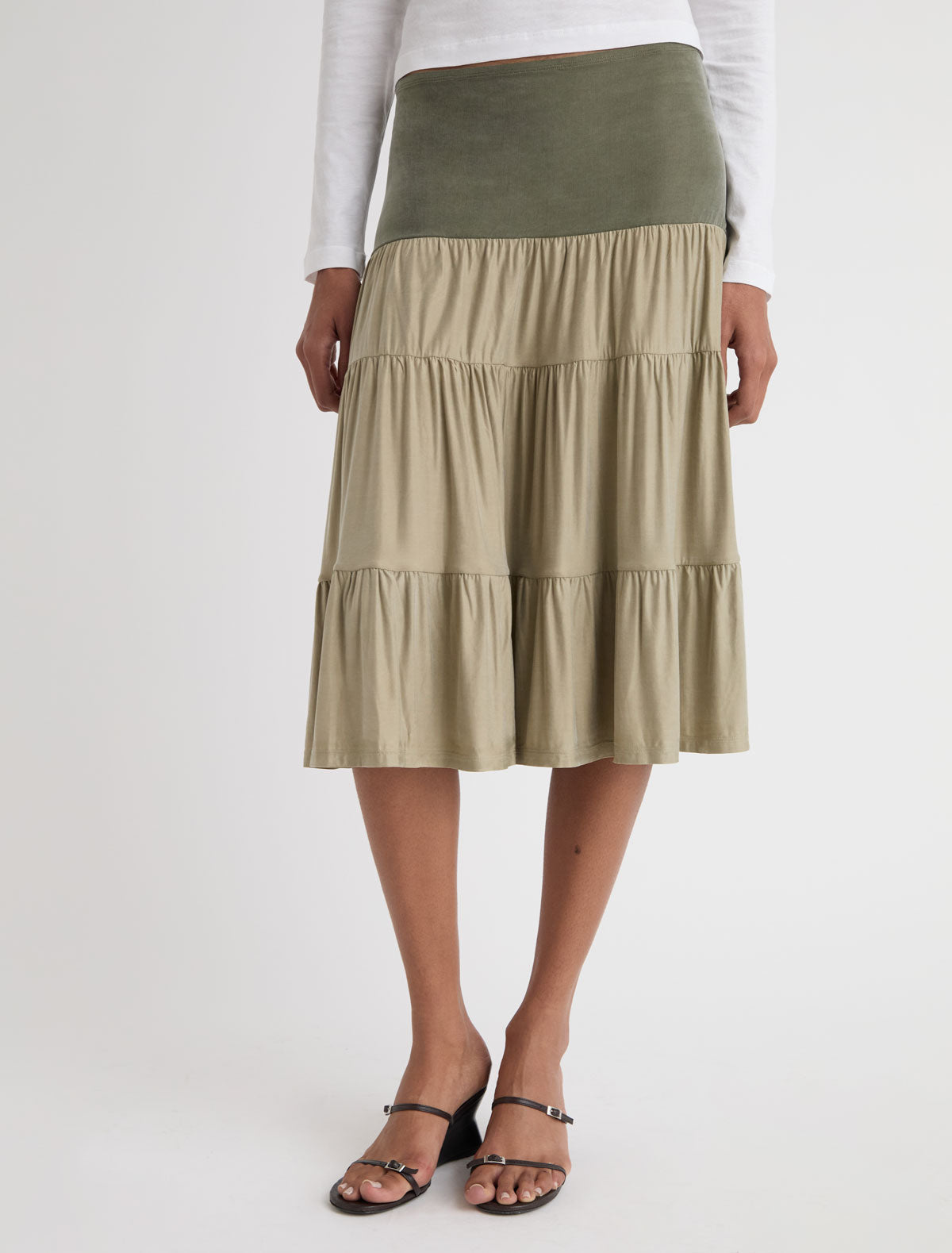 BAREL-Khaki cupro skirt with tiered ruffle detailing throughout