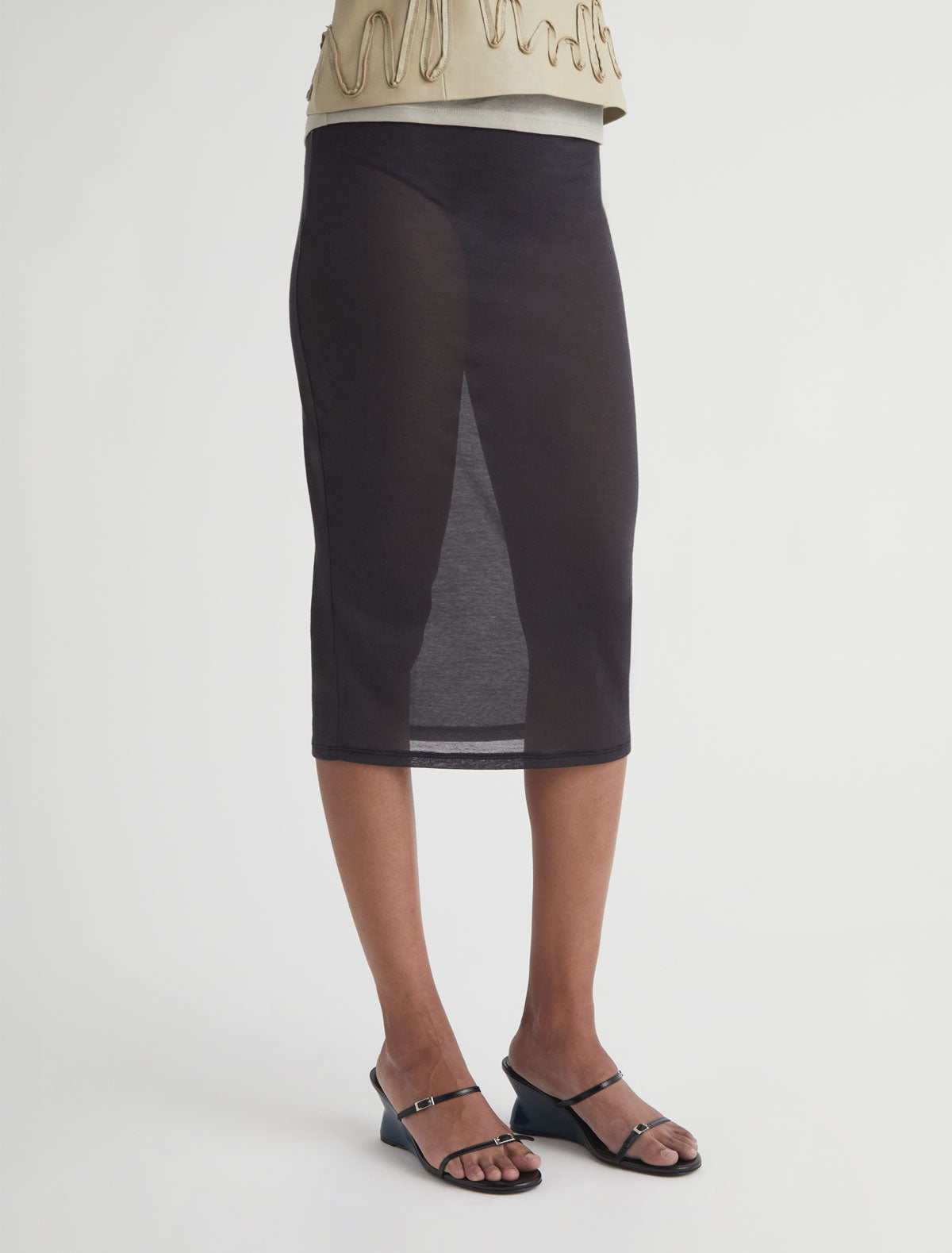 LONG TINA-Dark grey midi skirt with strap detailing along the top