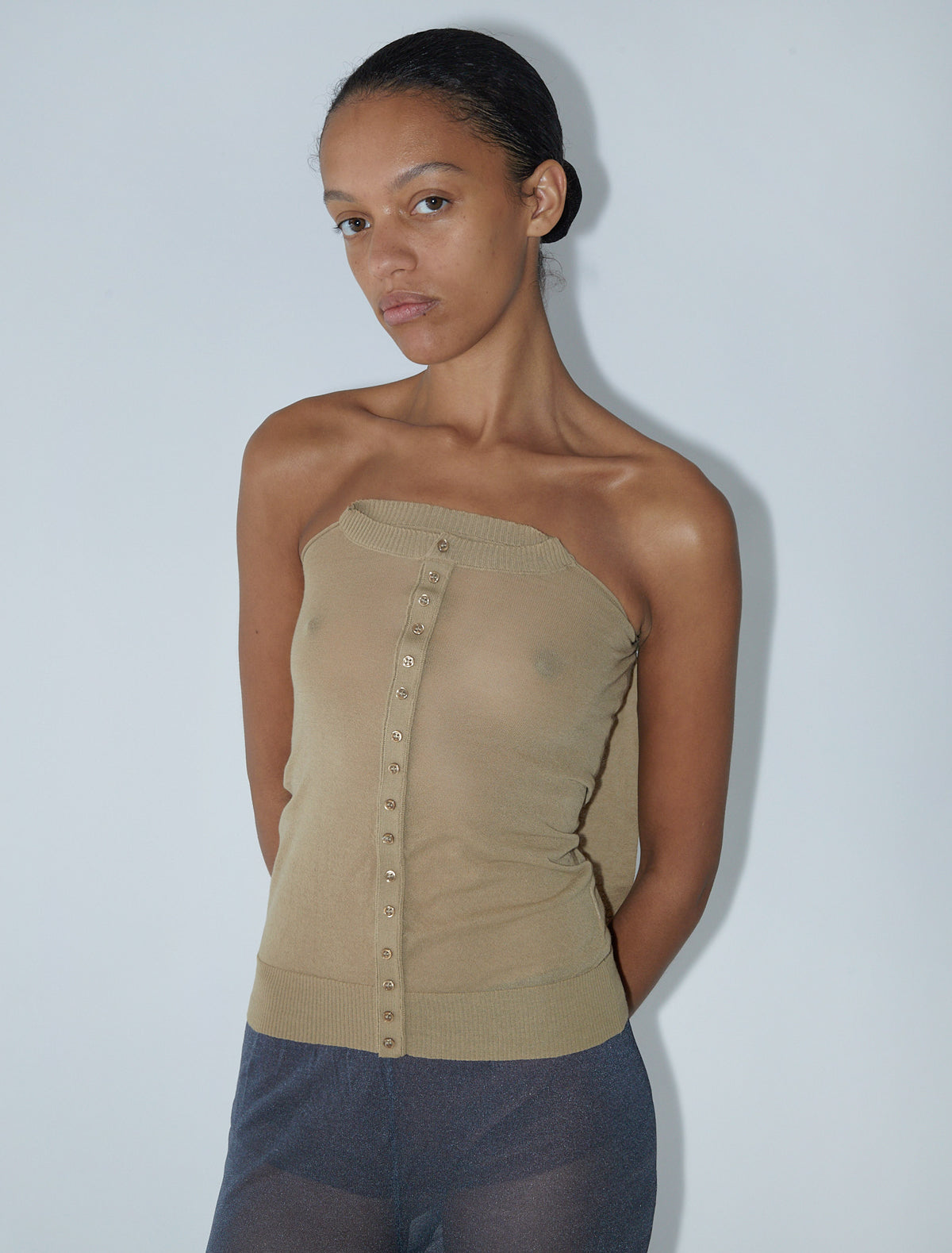 Folded button fitted bandeau top rounded neckline decorative buttons ecru