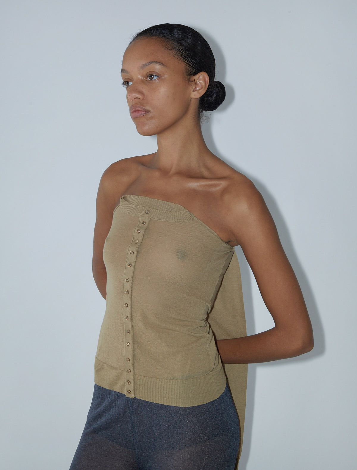 Folded button fitted bandeau top rounded neckline decorative buttons ecru