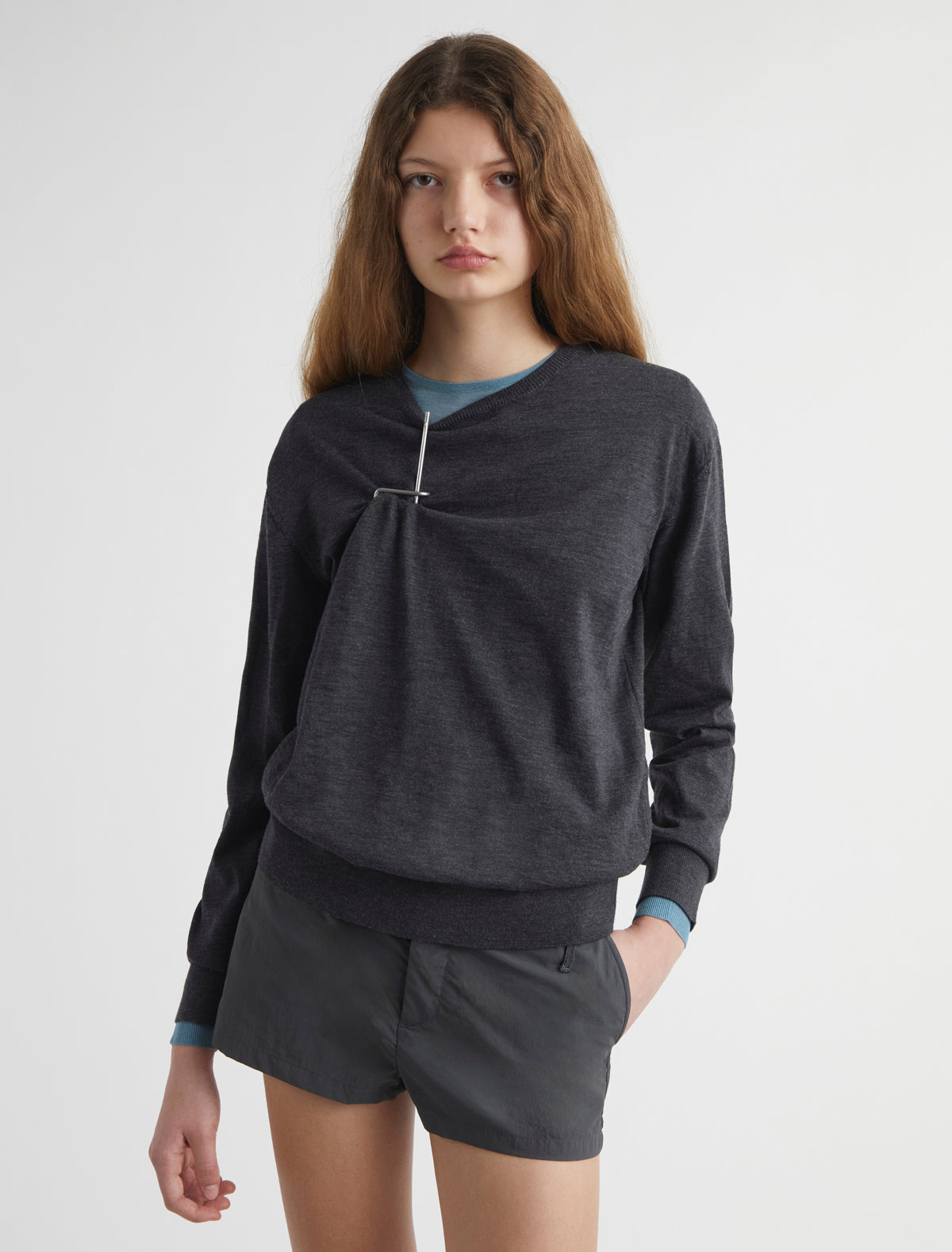 THREE-Round-neck wool sweater with metal hook hardware by Grace