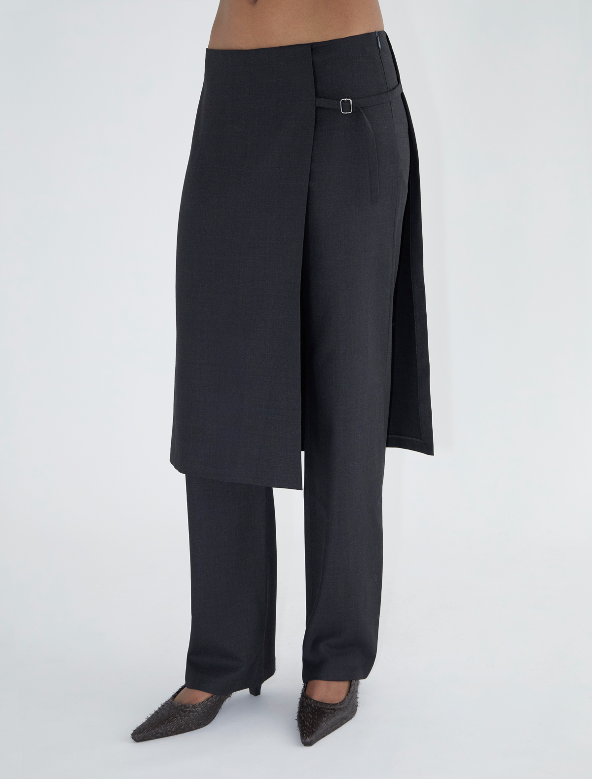 LOW ARCHIVE-Grey straight leg pants with overlapping long fixed LOW ARCHIVE-Grey straight leg pants with overlapping long fixed