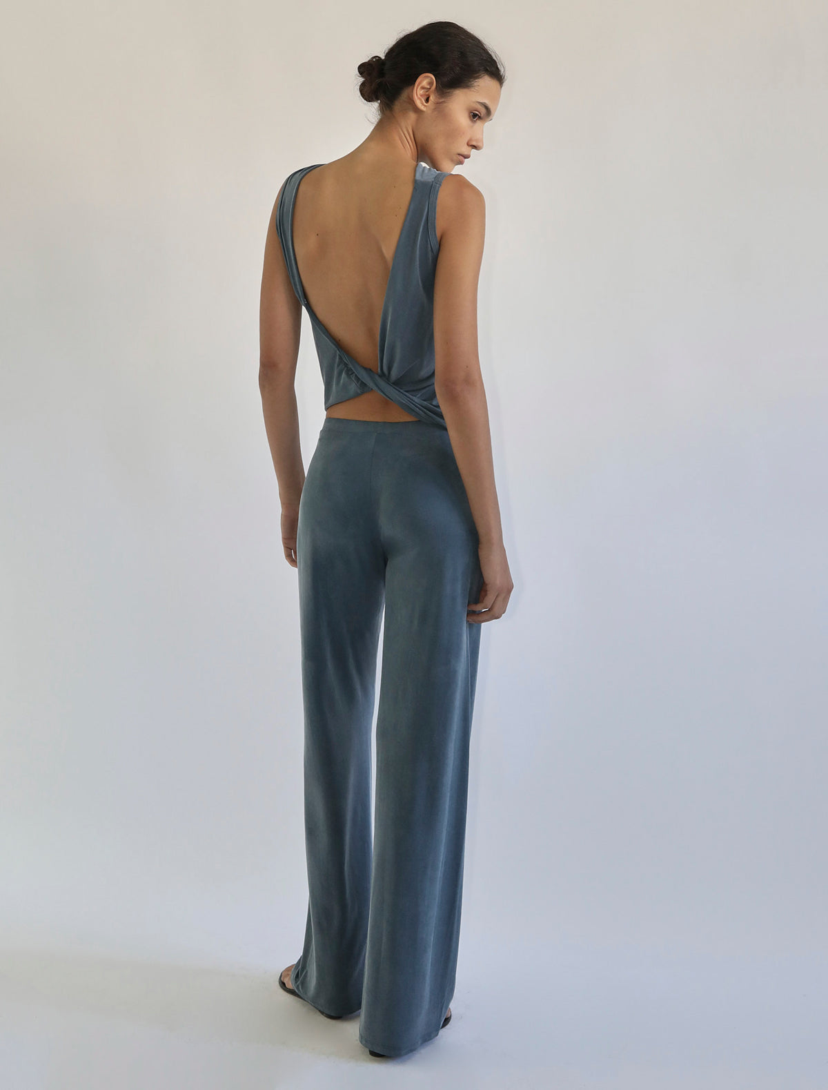 Duli asymmetrical sleeveless cupro top open back greenishblue