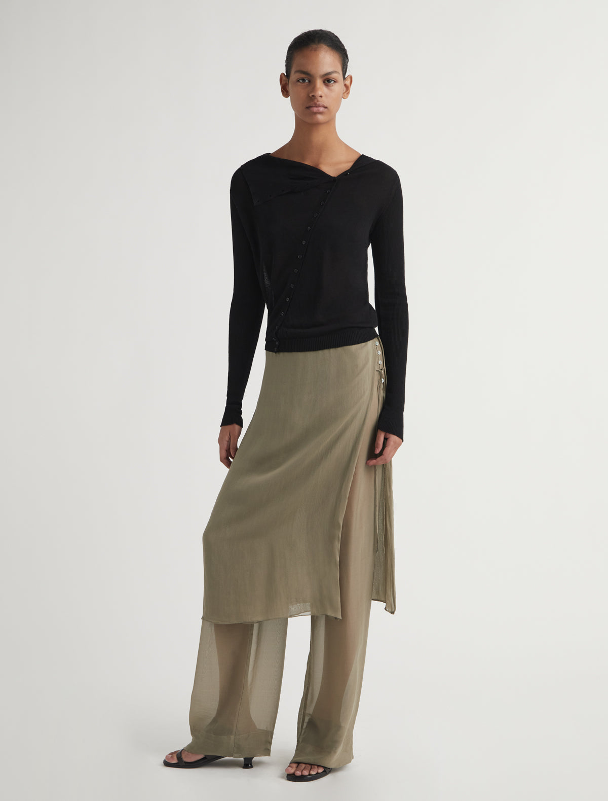 SILK LOW ARCHIVE-Khaki silk straight leg, mid-rise pants with