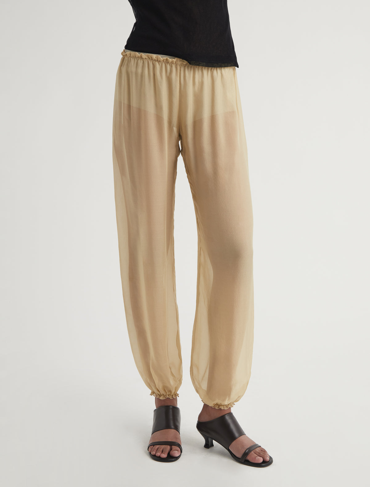 WEZA-Ecru delicate, sheer harem silk pants with elastic waistband