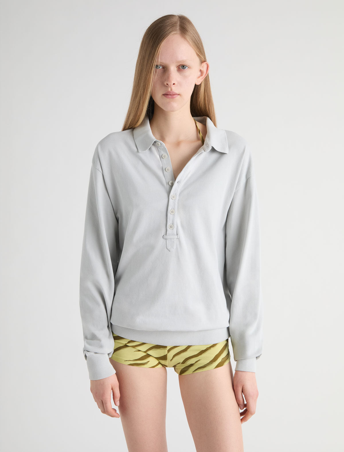 ROMI-Long-sleeve polo shirt with an extended placket and ribbed