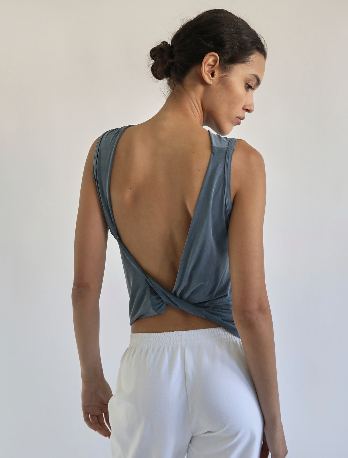 Duli asymmetrical sleeveless cupro top open back greenishblue