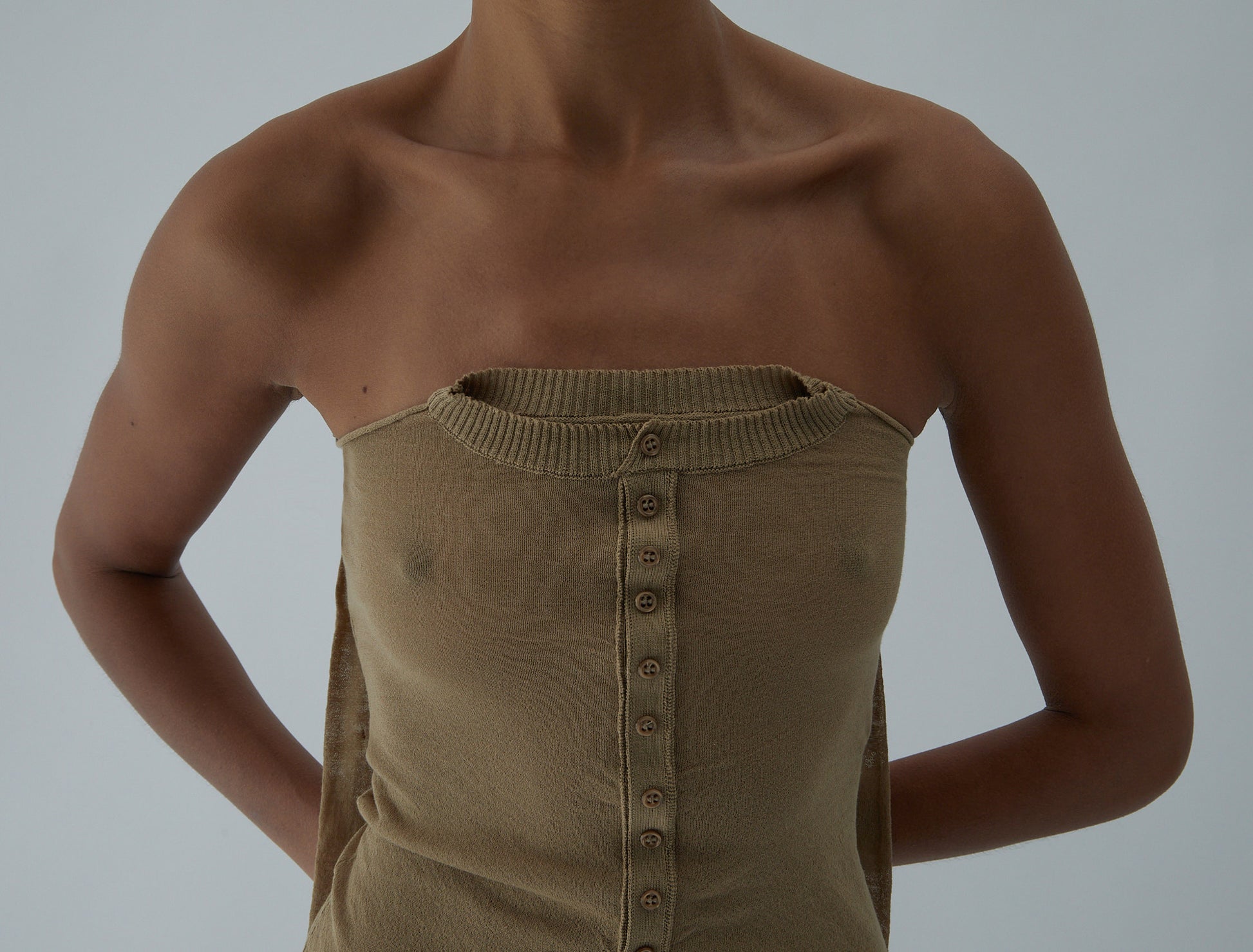 Folded button fitted bandeau top rounded neckline decorative buttons ecru