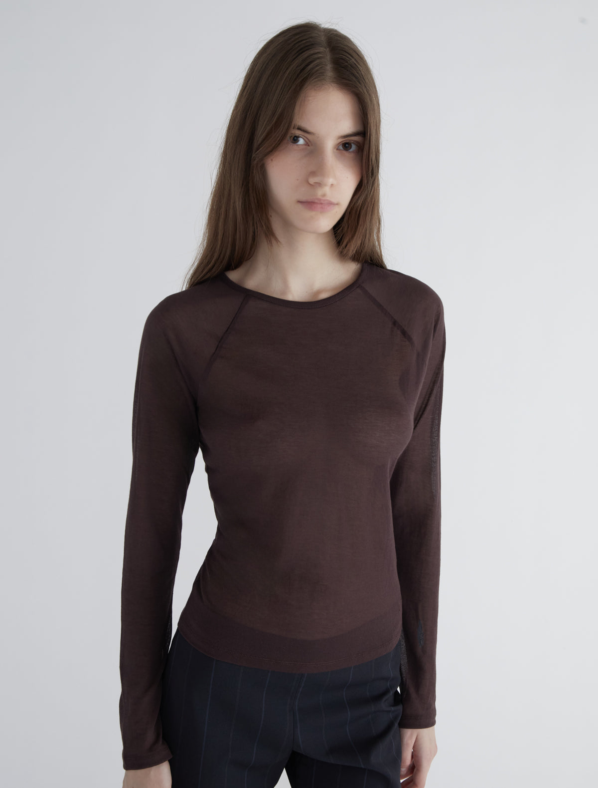 Hiro delicate sheer top raglan sleeves embroidery brown