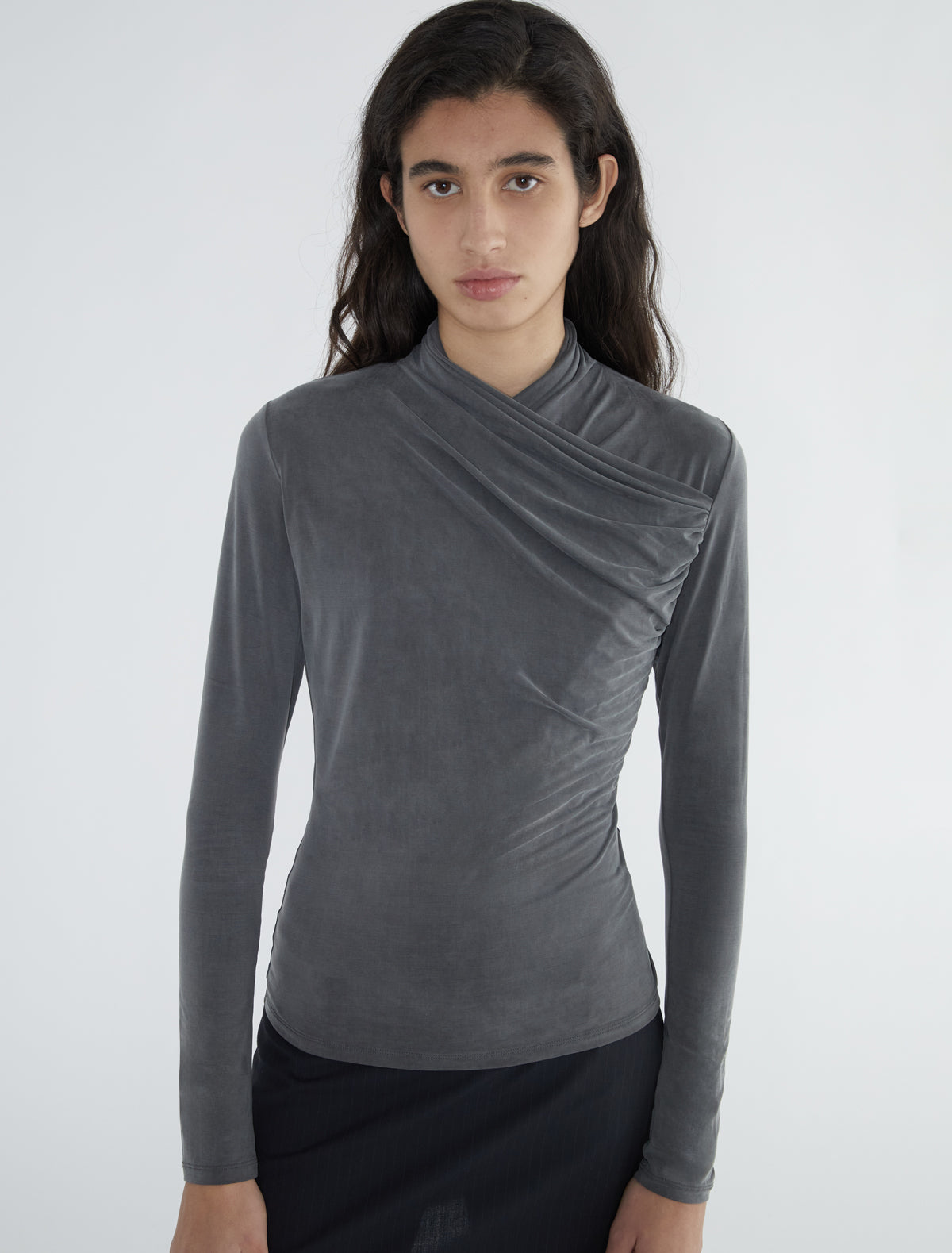 LONG SUCH-Long-sleeved cupro top with a draped, crossed neckline