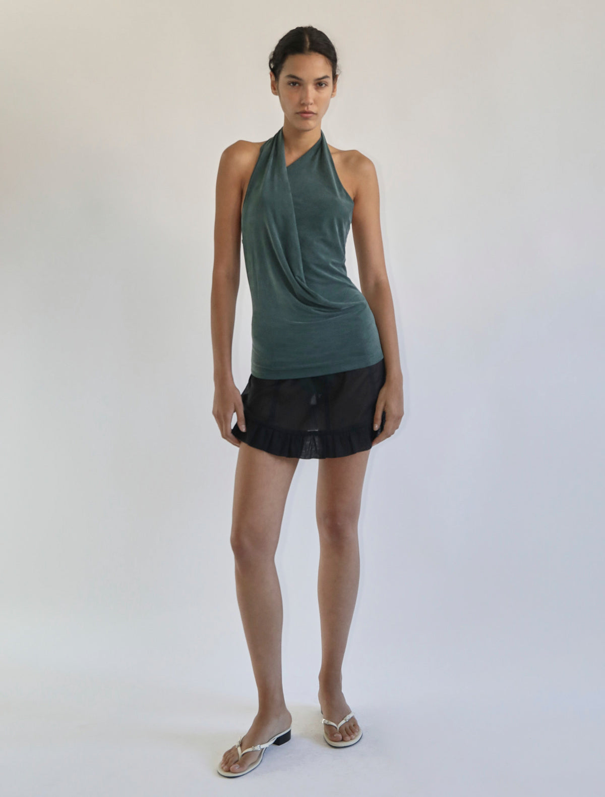 Milos draped neckline cupro halter neck top greenishblue