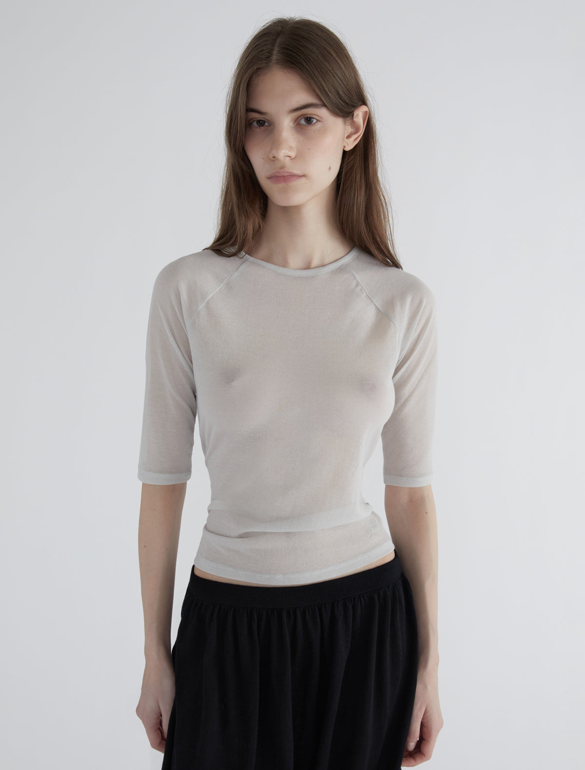 PIA-Grey elbow-length top crafted from lightweight, slightly sheer