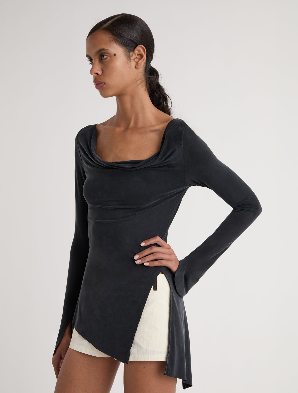 LOTTO-Asymmetric long-sleeved cupro top with cuffs and side slit