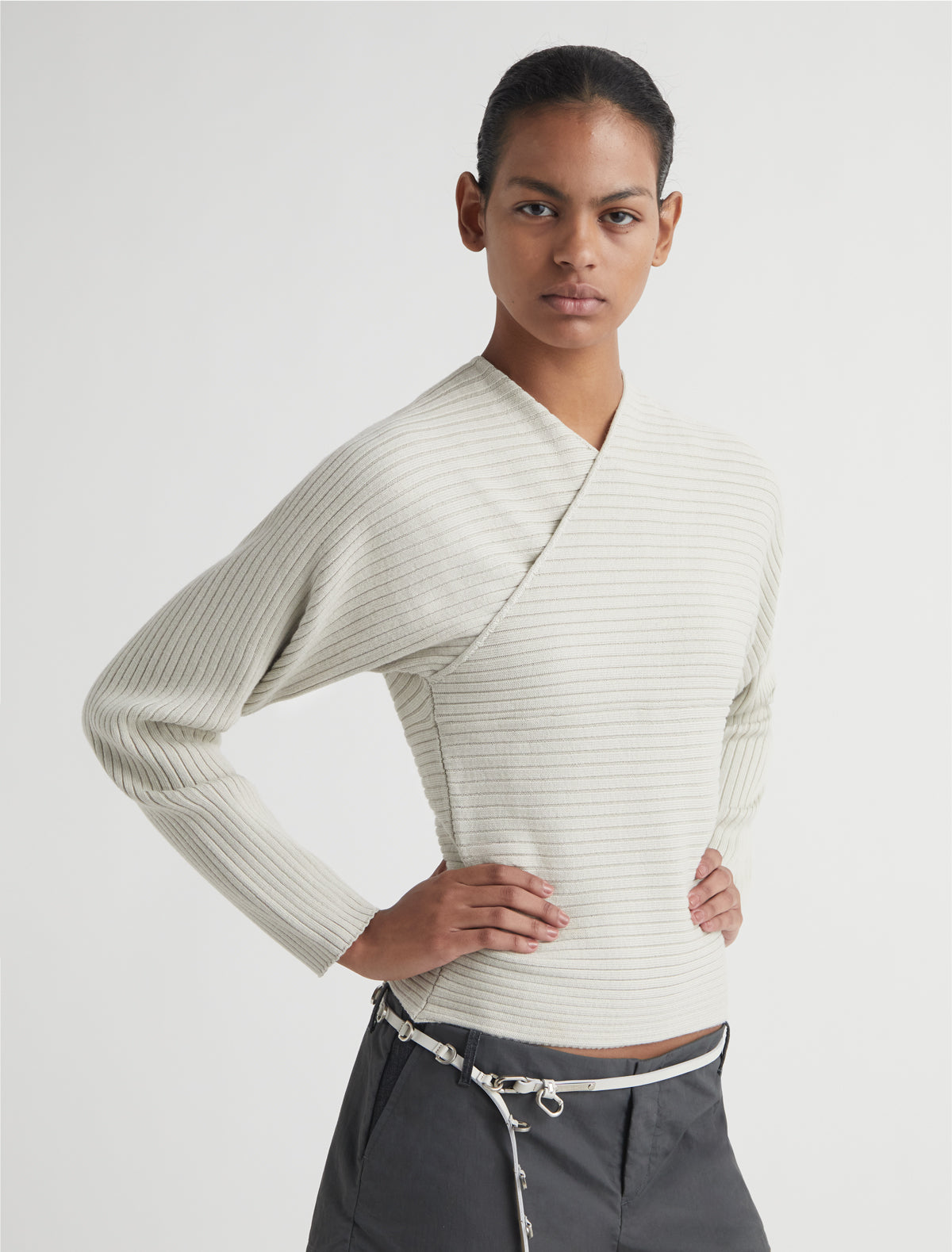 POLENTA-Off-white sweater with a crossover neckline at the chest