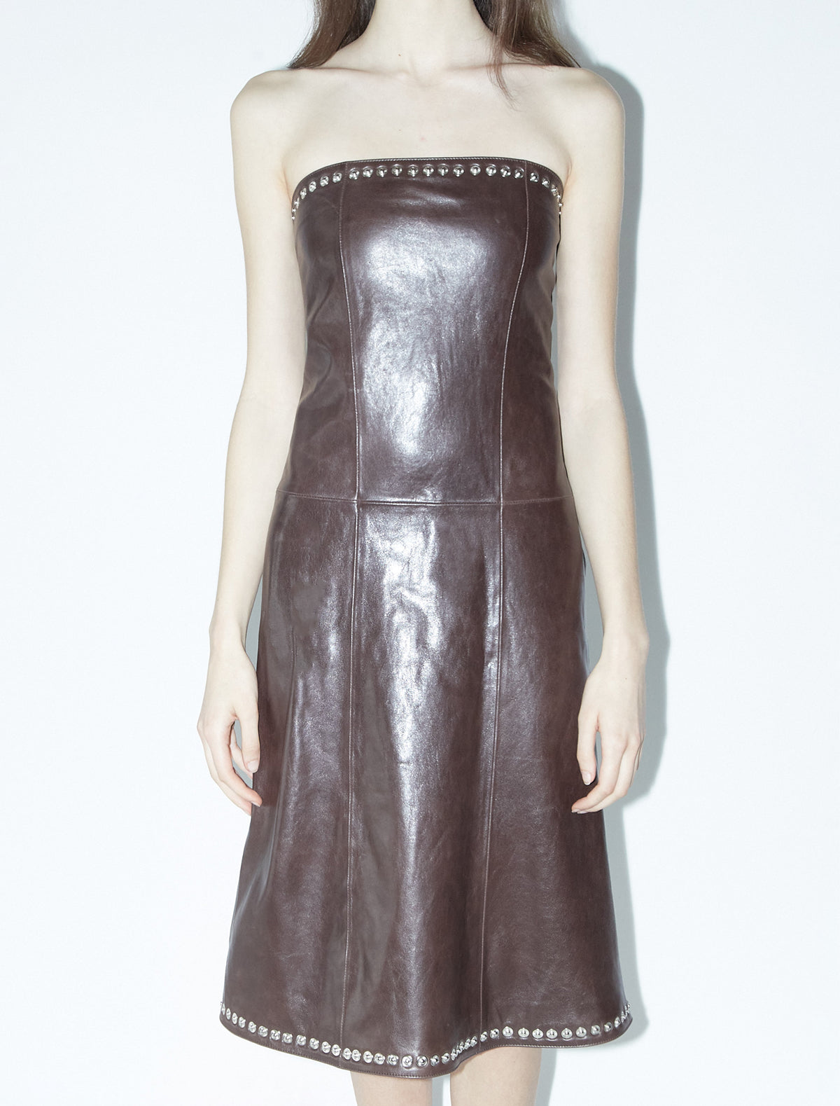 Daria fitted bandeau leather long dress snap buttons