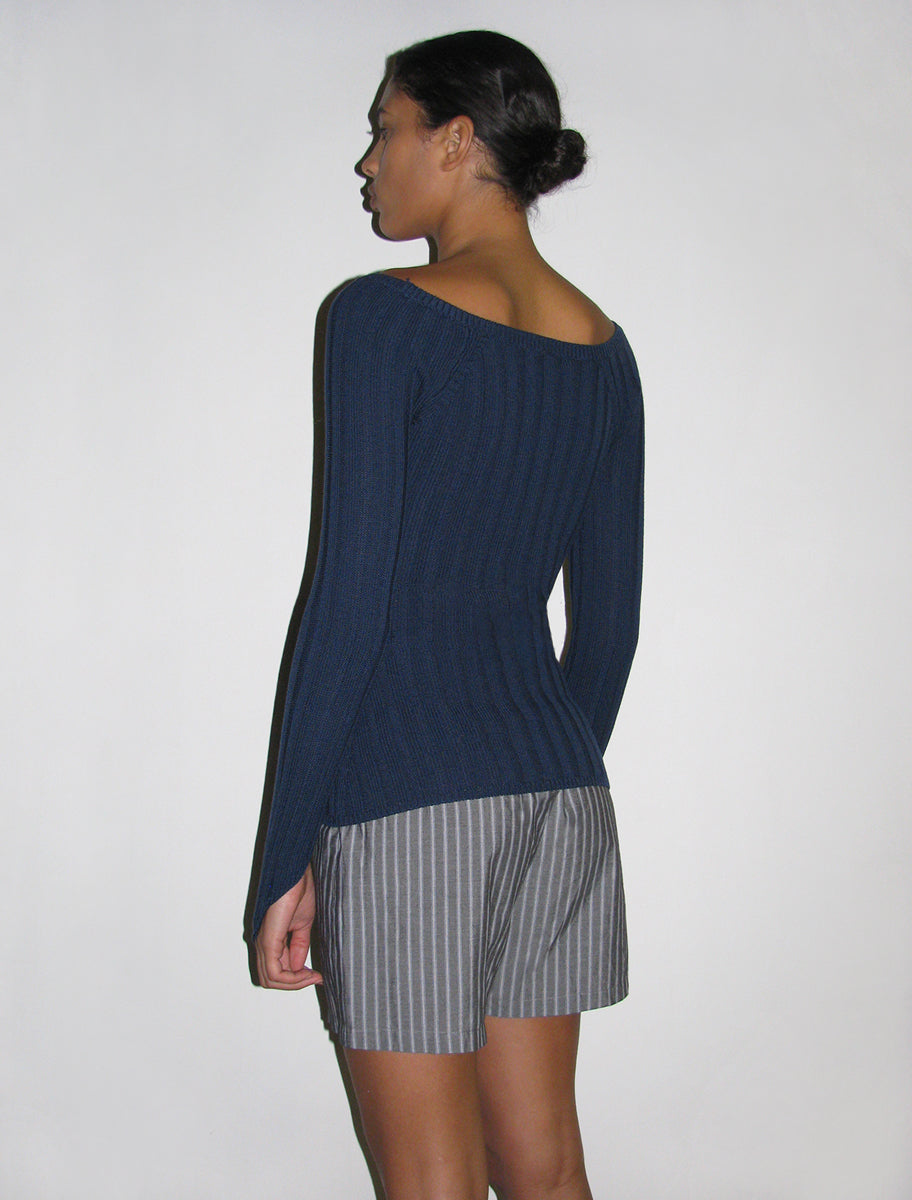 CANAL-Navy ribbed knitted top with open neckline and loop detail