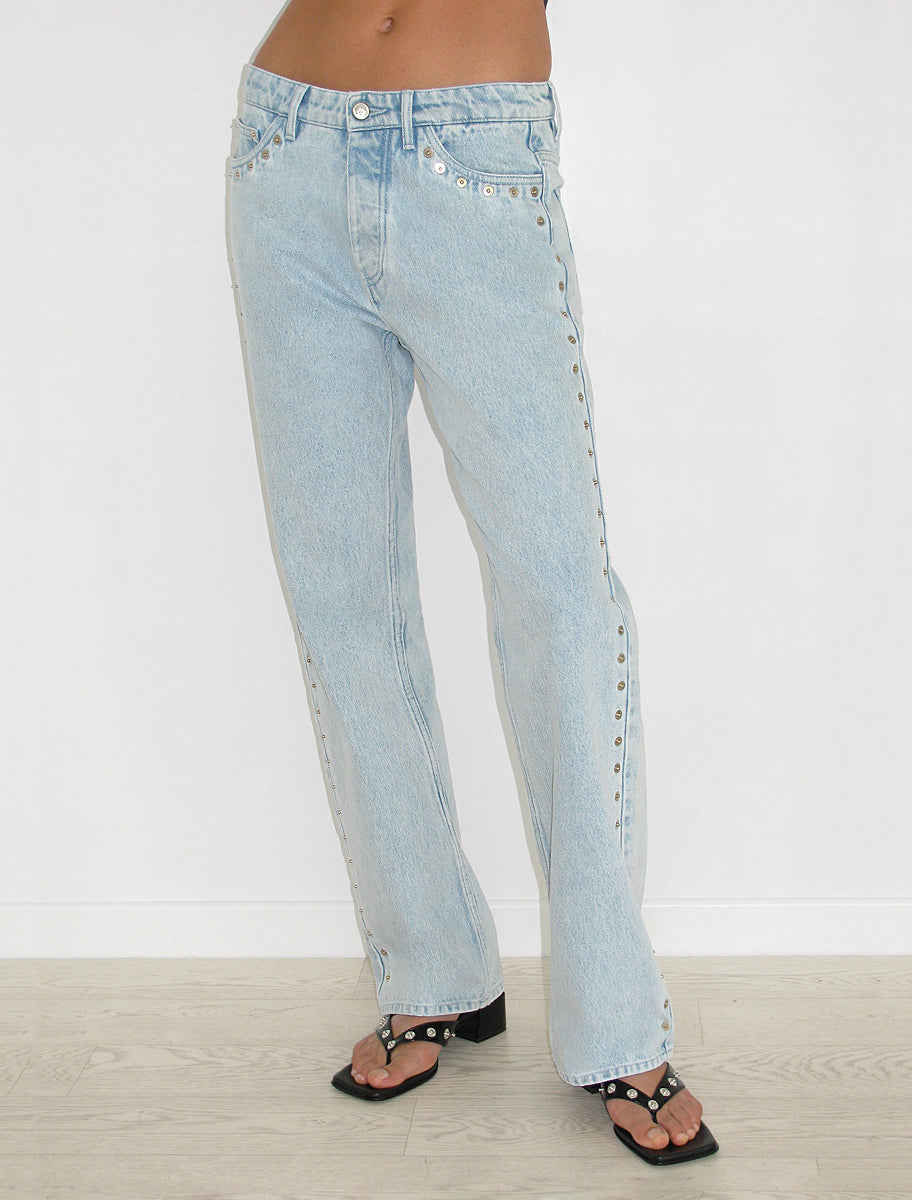 Crowd low waist denim pants metal detail seams