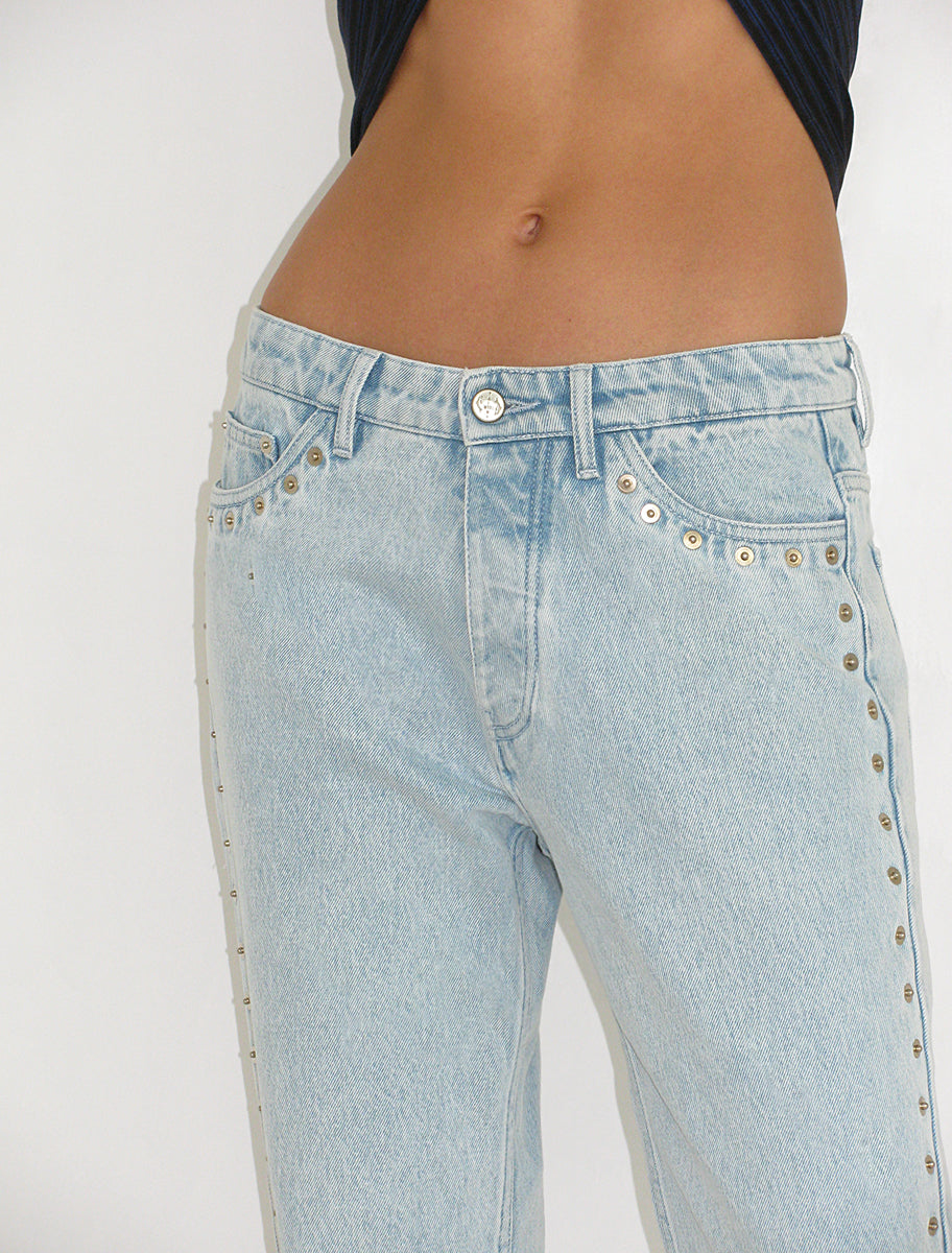 Crowd low waist denim pants metal detail seams