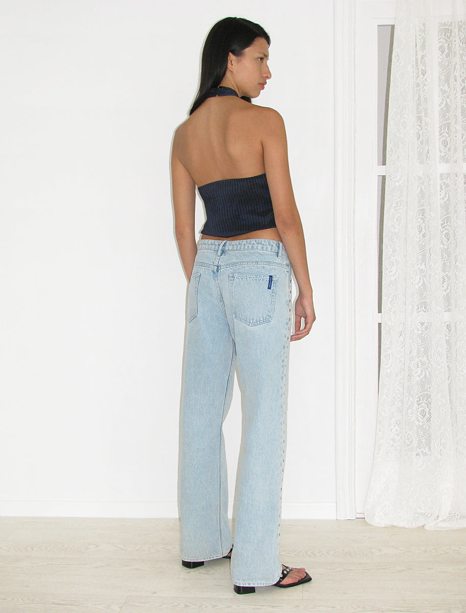 Crowd low waist denim pants metal detail seams