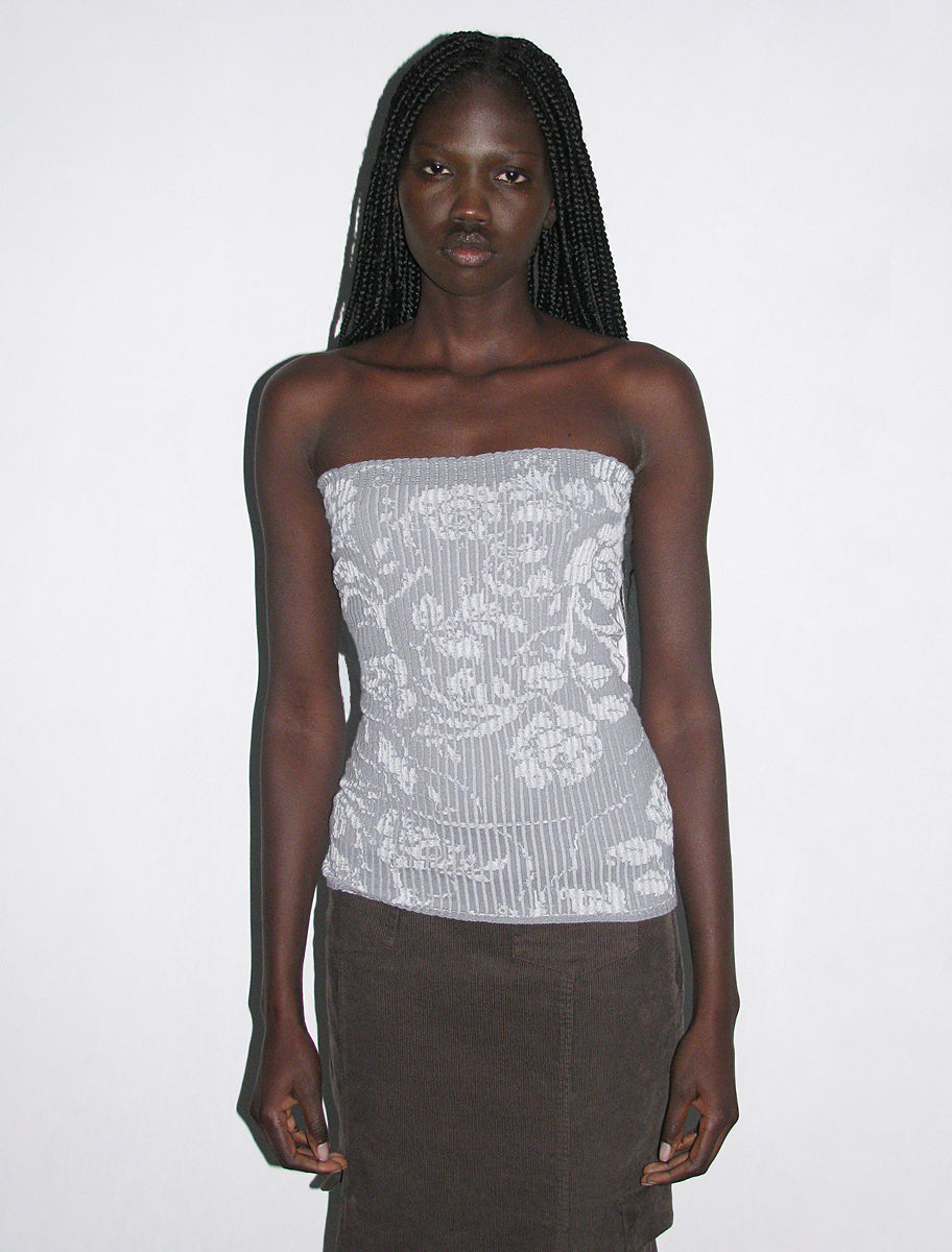 ULI-Grey bandeau top with textured flower intarsia – Paloma Wool