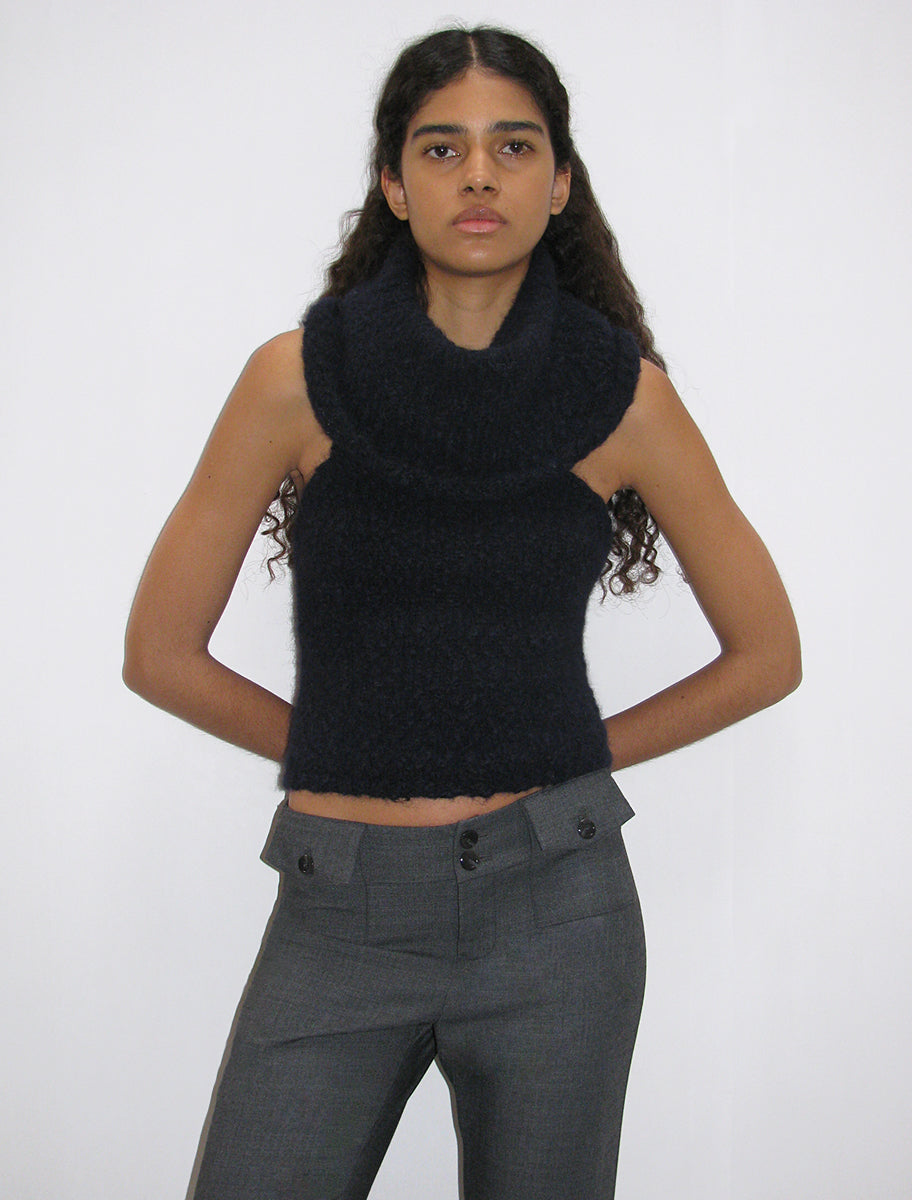 Groenlandia-Navy multiposition knitted top with open back.