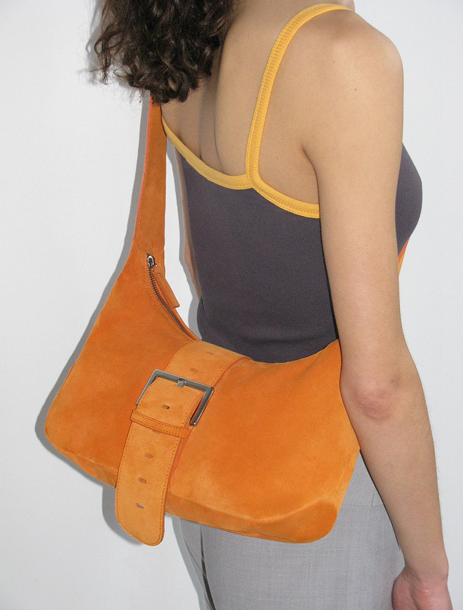 LEONORA-Orange shoulder bag with wide strap and a large buckle