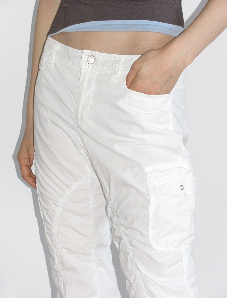ADELAIDA-Organic cotton slightly sheer capri pants with gathered seams