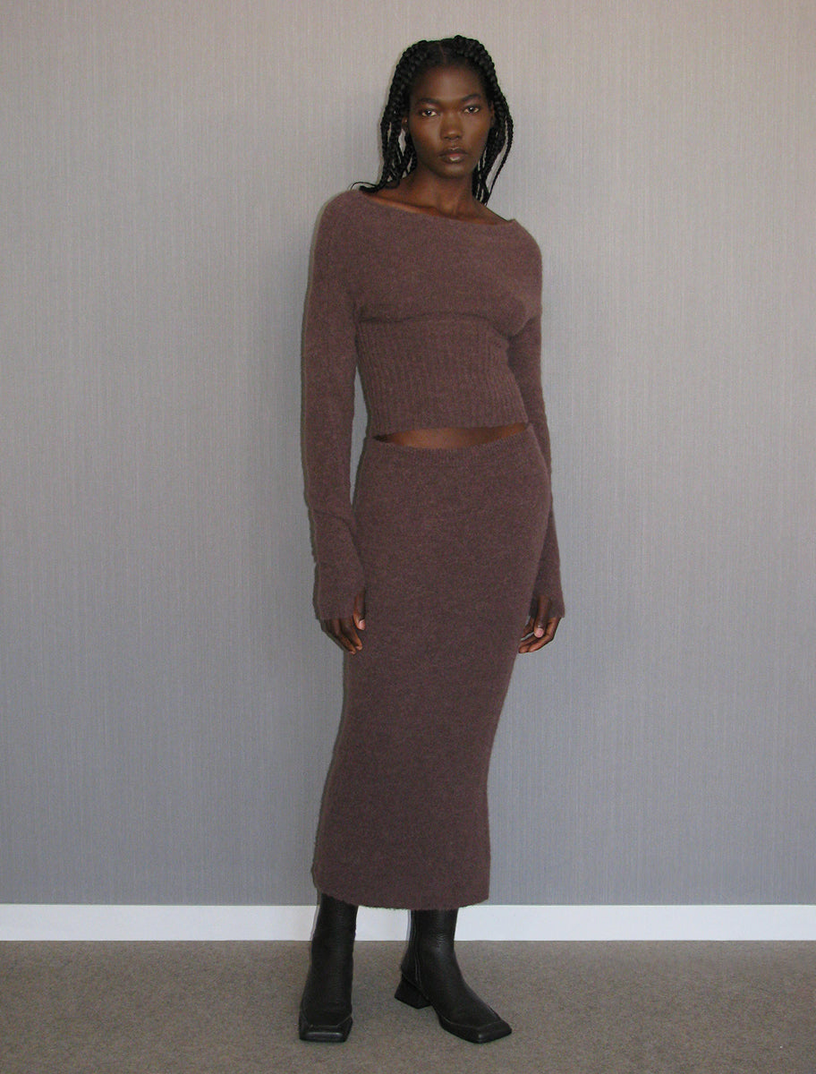 MARTINI-Aubergine fitted long tube skirt in slightly fuzzy and soft