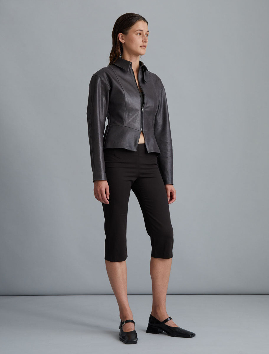 Fabia fitted waist leather jacket grey