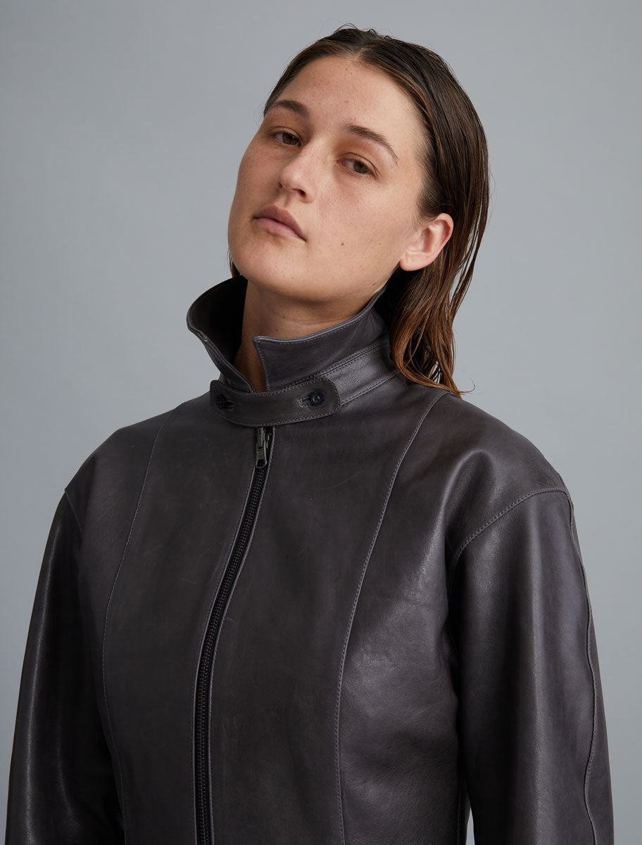 Fabia fitted waist leather jacket grey