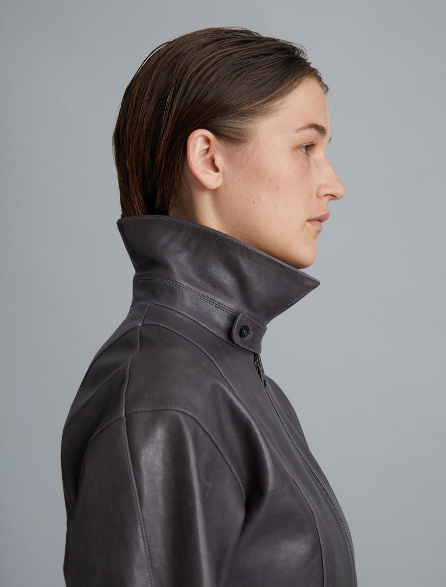 Fabia fitted waist leather jacket grey