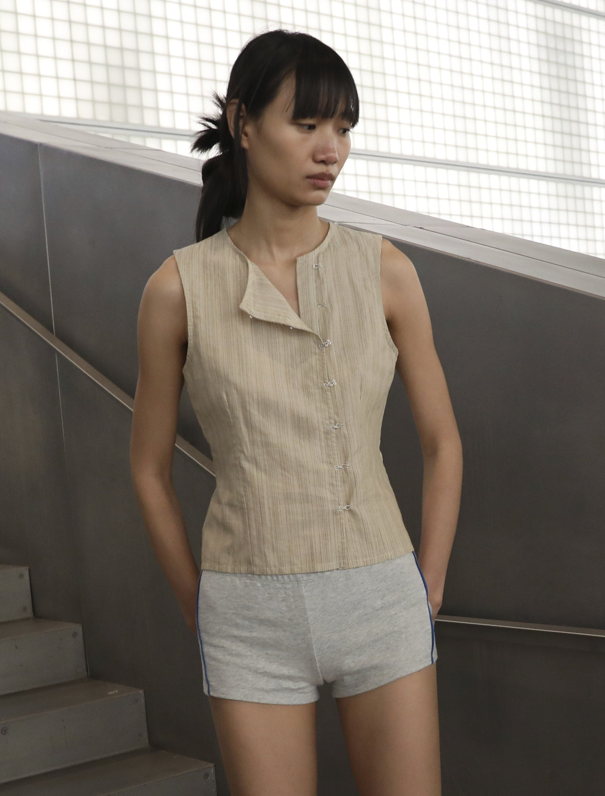 Mufi sleeveless striped top hook eye closure ecru