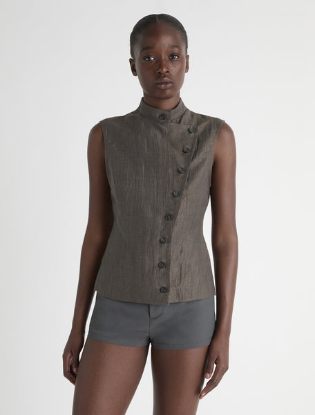 SARA-Brown high-neck top with a wrap-front button closure – paloma