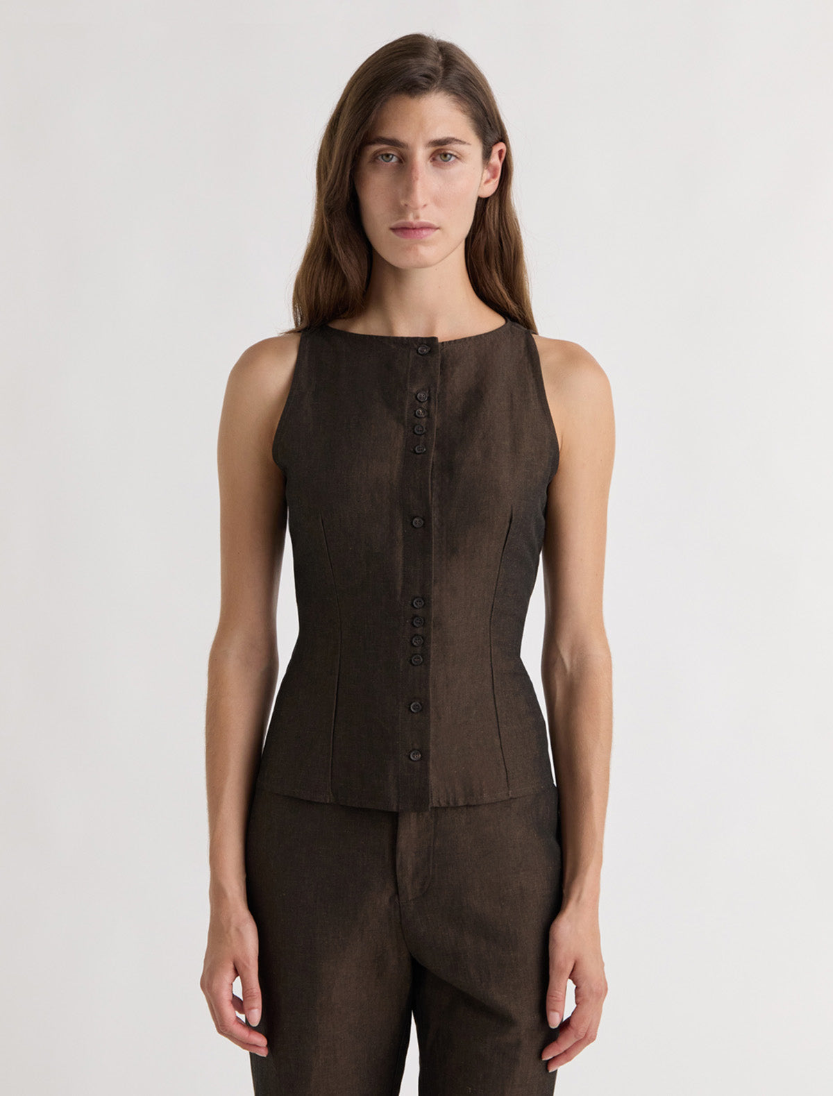 Sveless linen top front button opening brown
