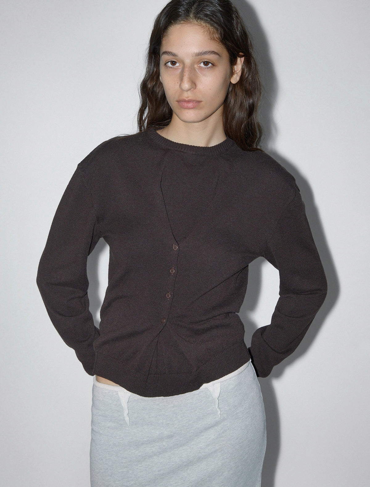 Clor long sleeved sweater buttons waist darkbrown