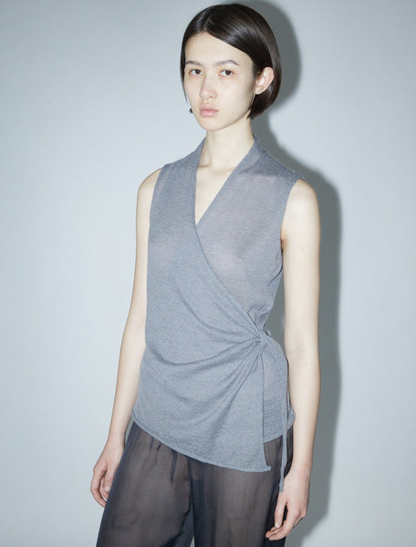 SANS-Grey sleeveless wrap top with a side loop to tie the