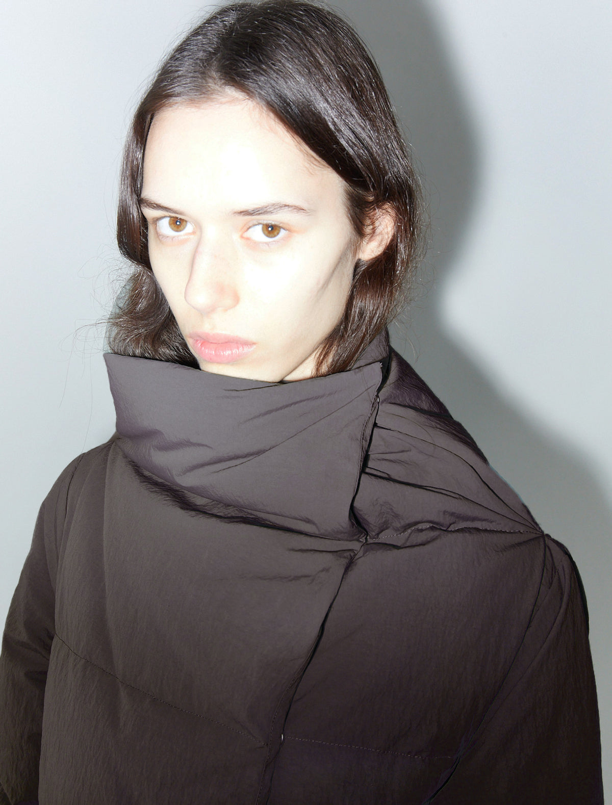Pruit puffer nylon jacket oversized collar brown