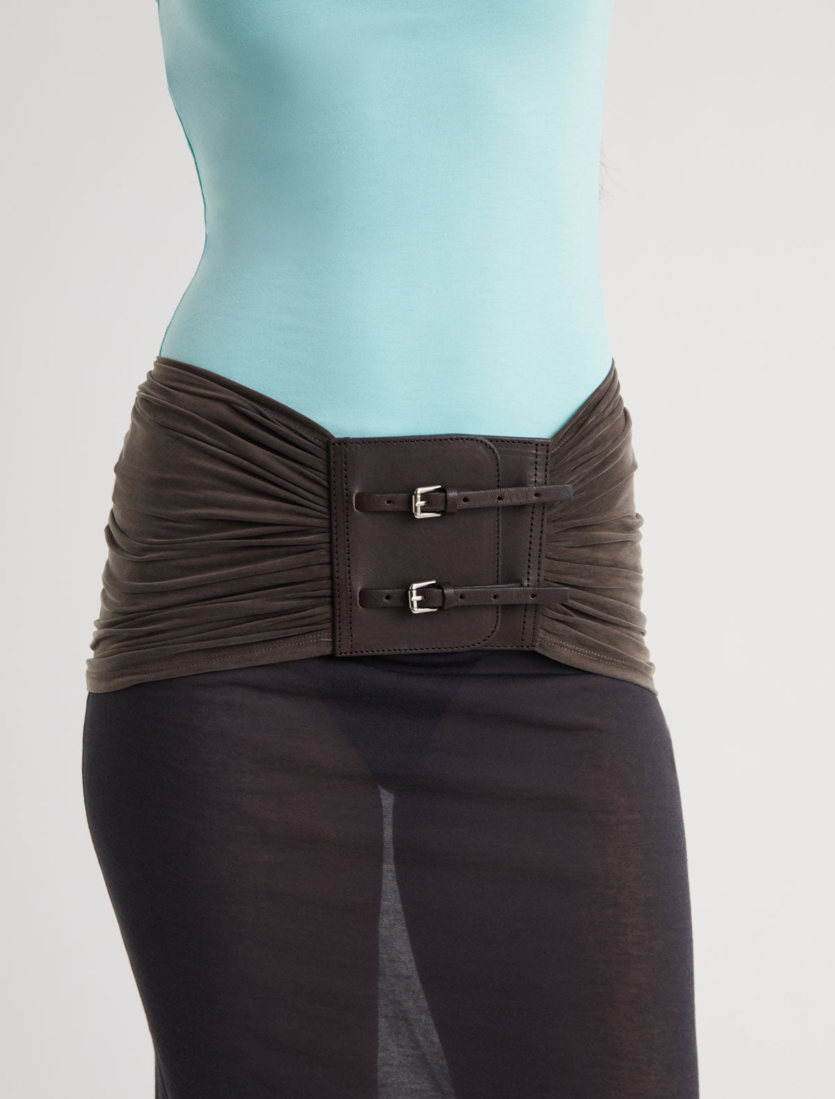 Adriana ii sash style belt gathered fabric panel leather part brown