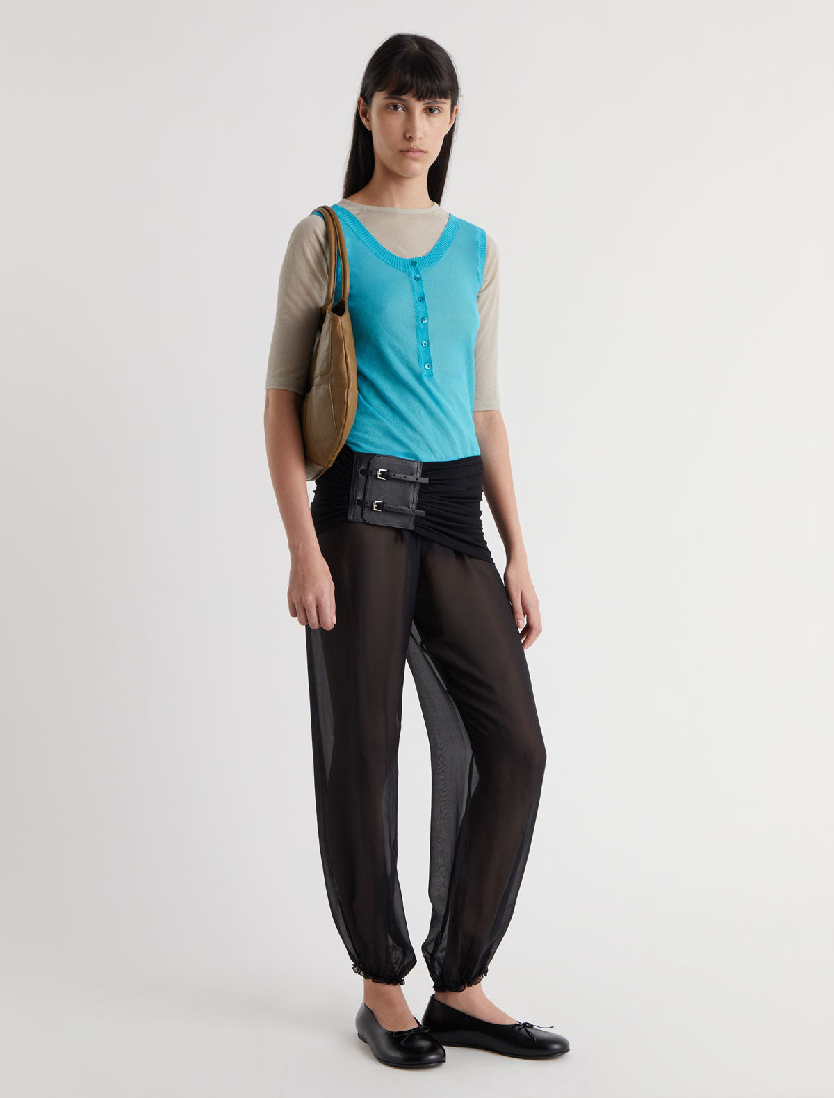 Adriana ii sash style belt gathered fabric panel leather part black