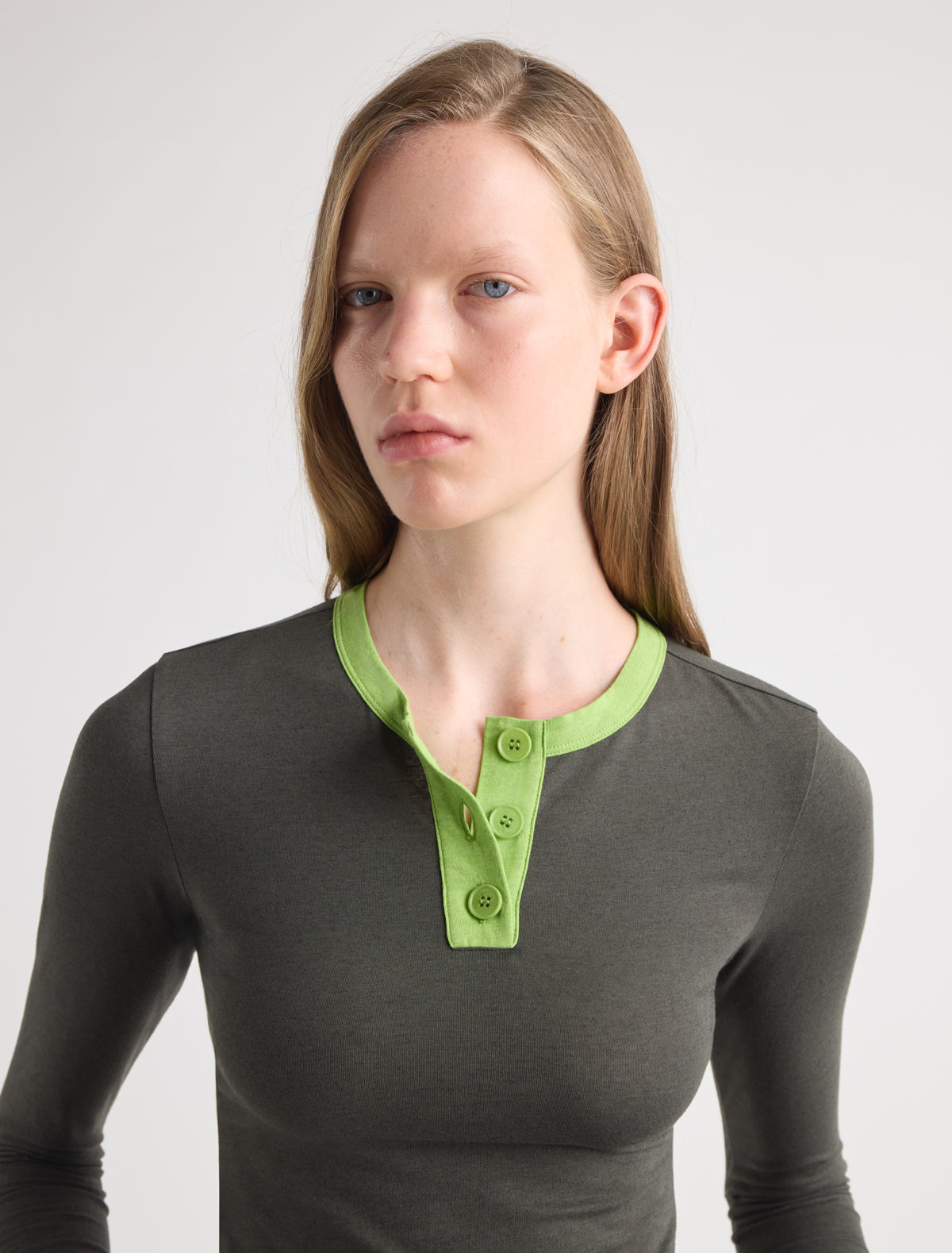 Alda long sleeve fitted cotton top button placket contrast piping khaki