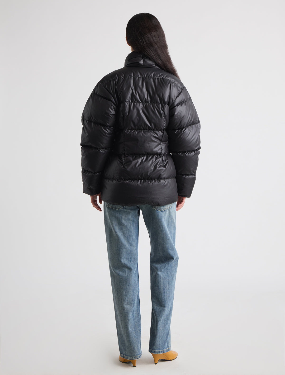 Alkaline reversible puffer jacket double breasted snap button voluminous sleeves black