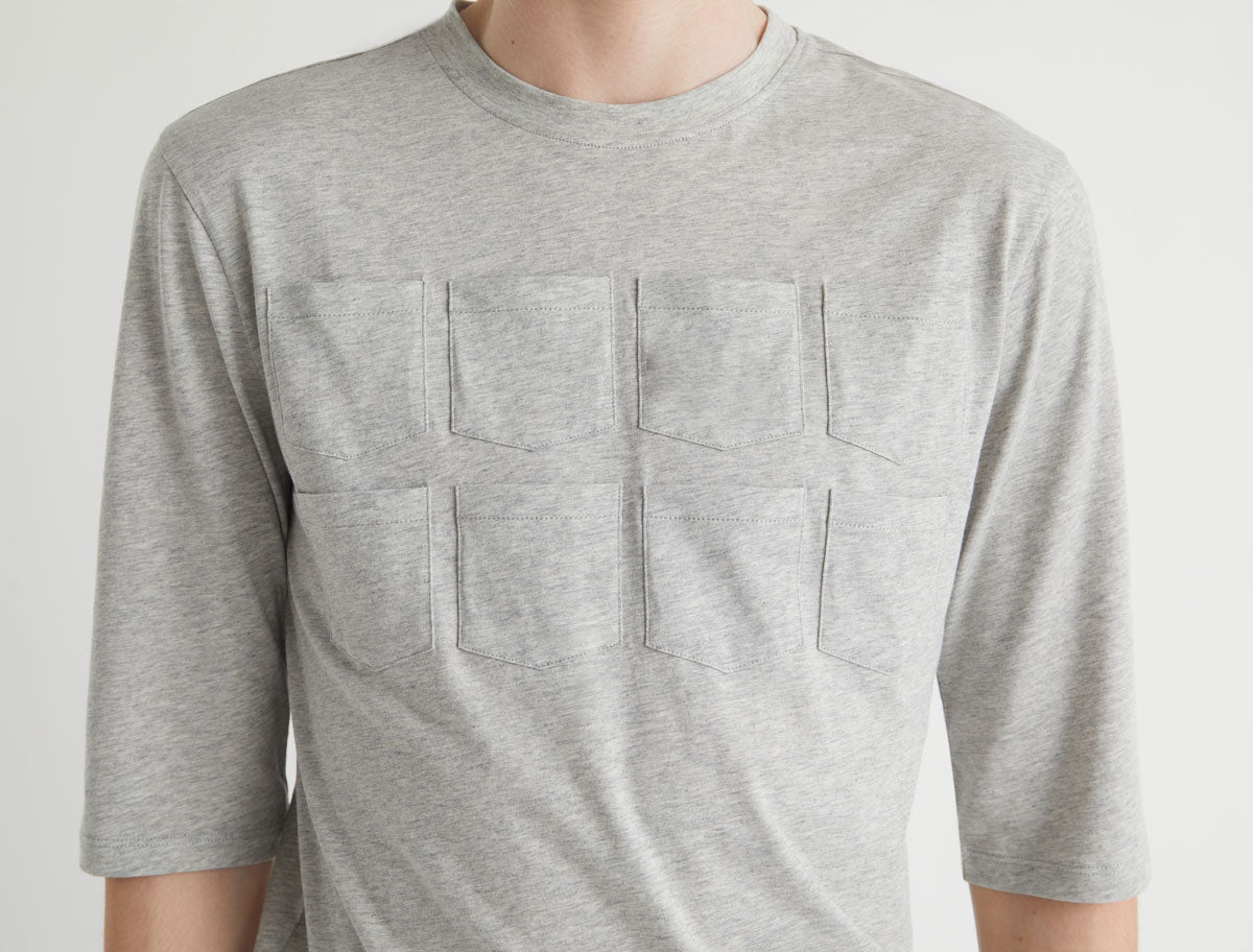 Arisa verde elbow length sleeve organic cotton tshirt patch pockets grey