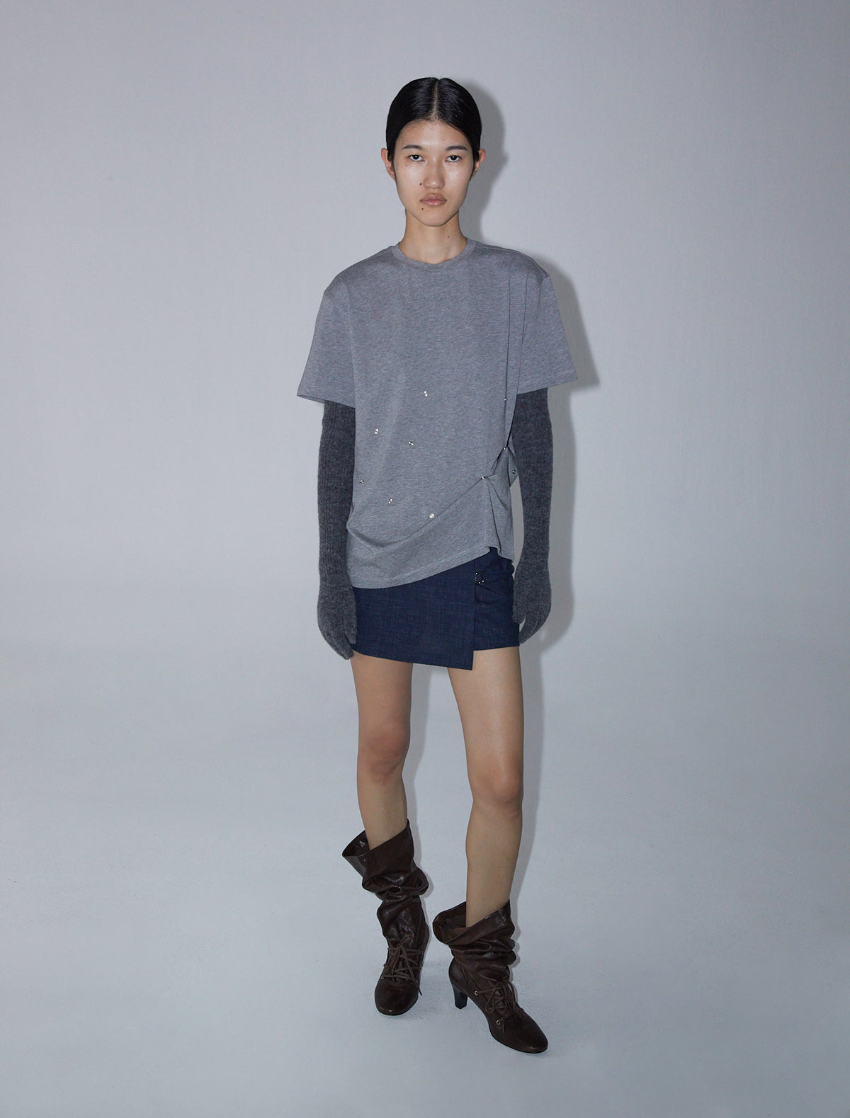 MINI ARCHIVE-Navy mid-rise shorts with overlapping fixed mini skirt ...